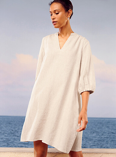 Contemporaine: La robe ample manches 3/4 pur lin Sable pour femme