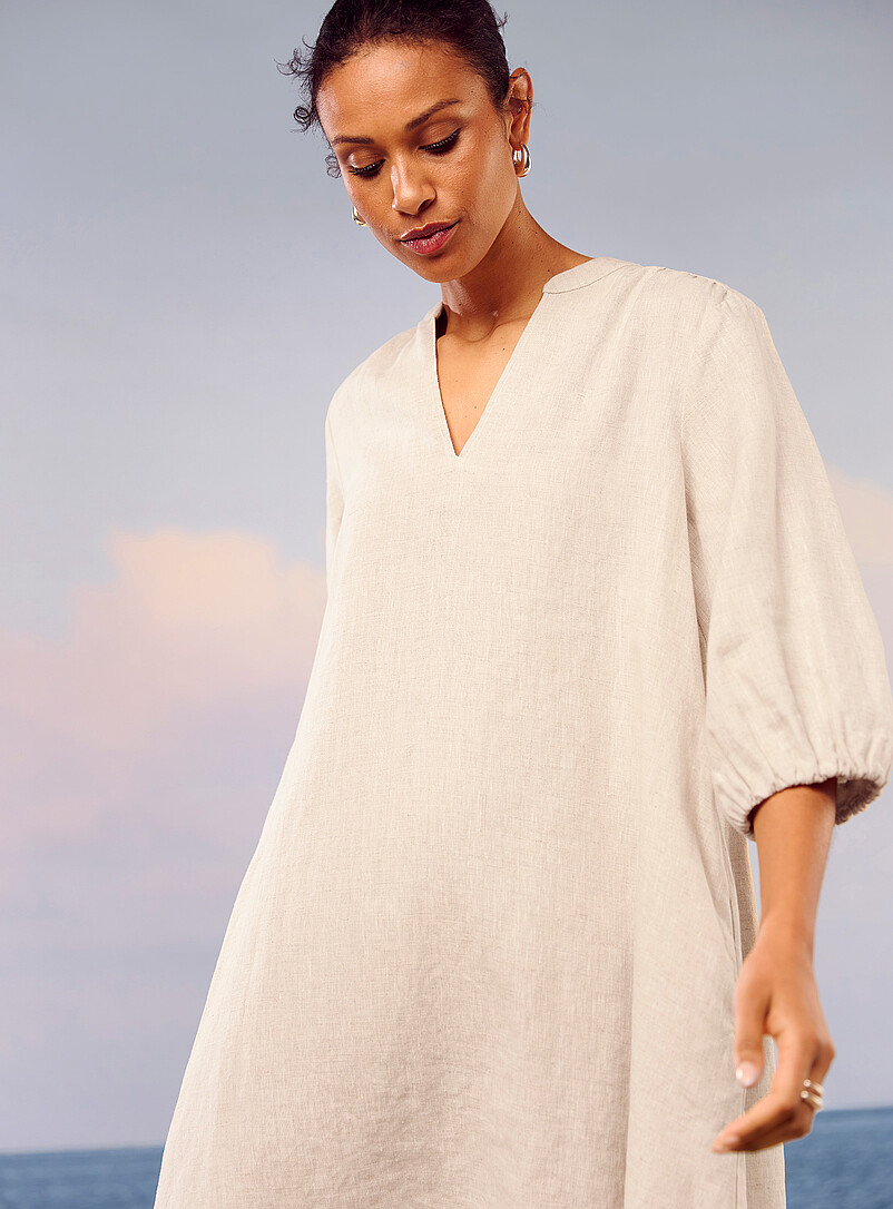 knee length dresses for ladies Vena Linen Impressionist Floral 3/4 Sleeve Dress – Foxcroft main image 1