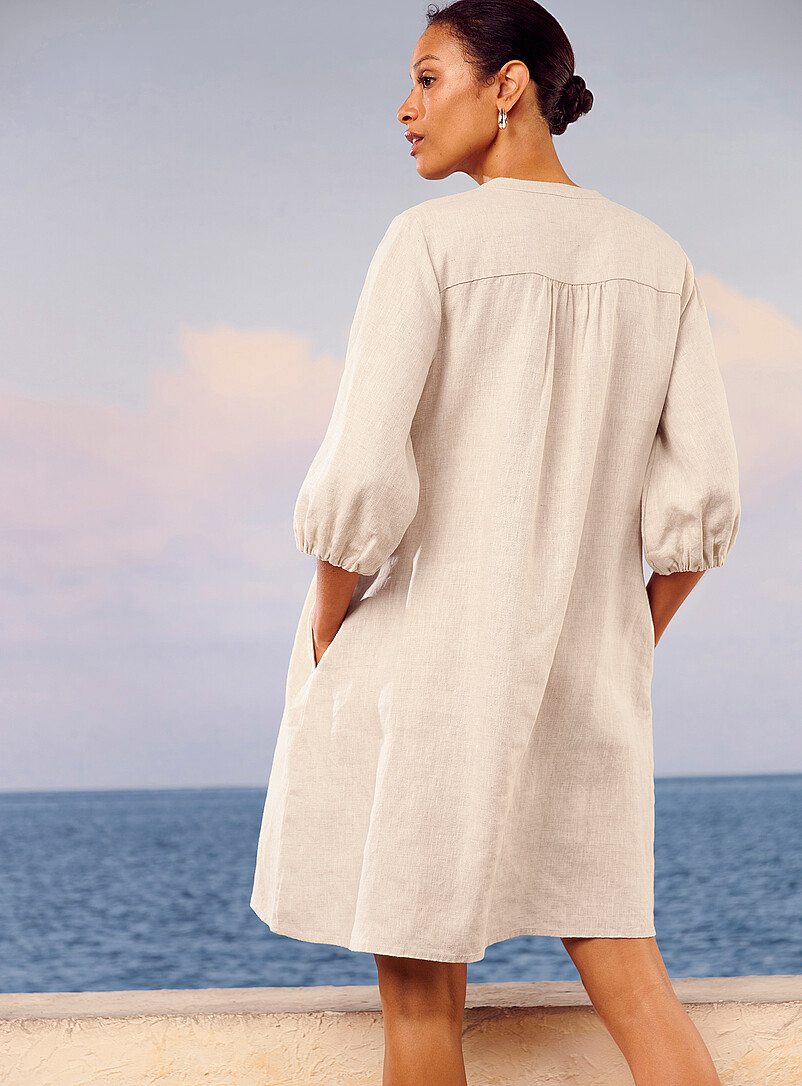 Contemporaine: La robe ample manches 3/4 pur lin Vert fonc&eacute; - Mousse pour femme