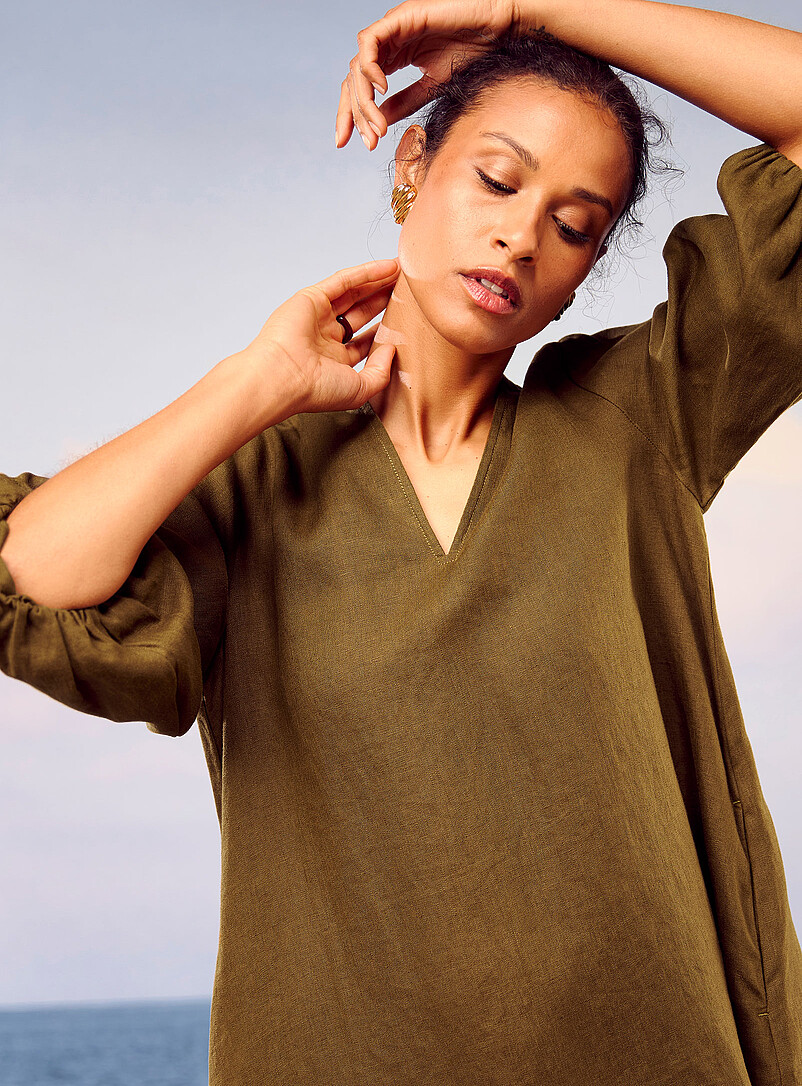 Contemporaine: La robe ample manches 3/4 pur lin Vert fonc&eacute; - Mousse pour femme