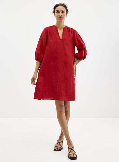 Contemporaine: La robe ample manches 3/4 pur lin Rouge pour femme