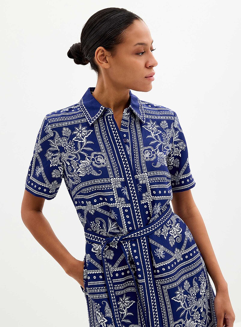 Contemporaine Patterned Blue Greek ceramic belted shirtdress for women