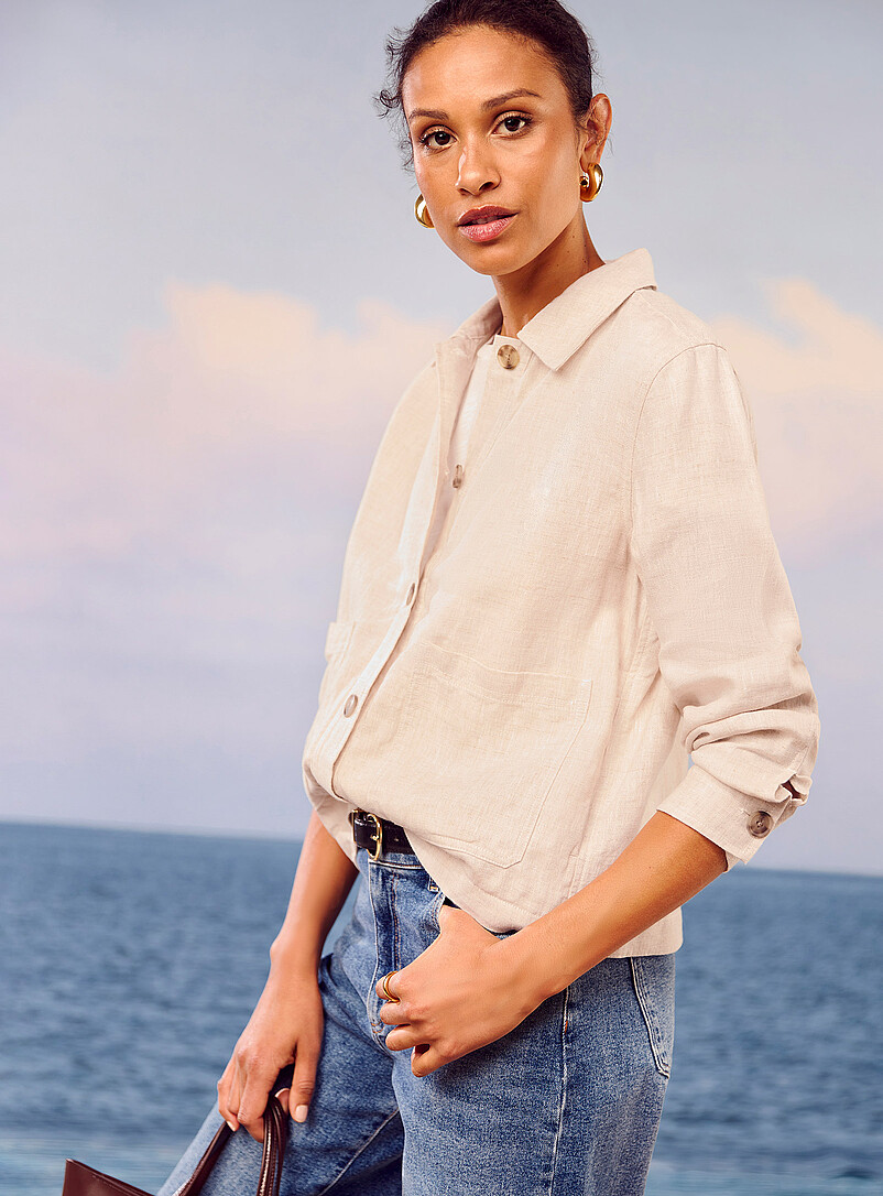 Contemporaine: La veste poches plaqu&eacute;es pur lin Raisin - Pourpre fonc&eacute; pour femme