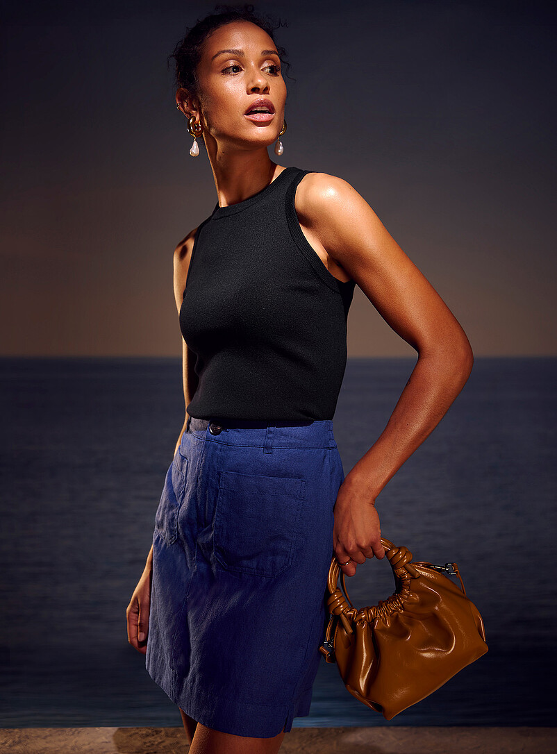 Contemporaine Navy/Midnight Blue Patch pockets pure linen skort for women