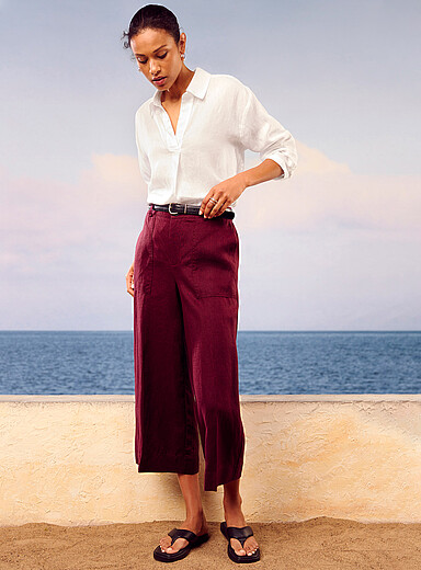 Contemporaine Grape/Dark Crimson XL pockets pure linen cropped pant <b>Fit: Wide leg, high rise</b> for women