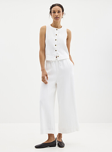 Elastic waist pure linen capri pant <b>Fit: Wide leg, high rise</b>