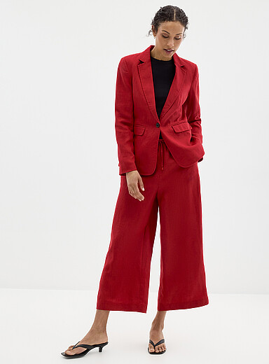 Contemporaine: Le capri pur lin taille &eacute;lastique <b>Coupe : jambe large, taille haute</b> Rouge pour femme