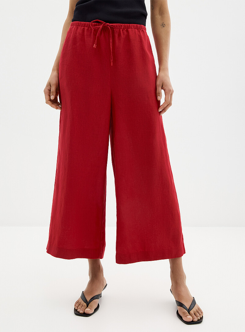 Contemporaine: Le capri pur lin taille &eacute;lastique <b>Coupe : jambe large, taille haute</b> Blanc pour femme