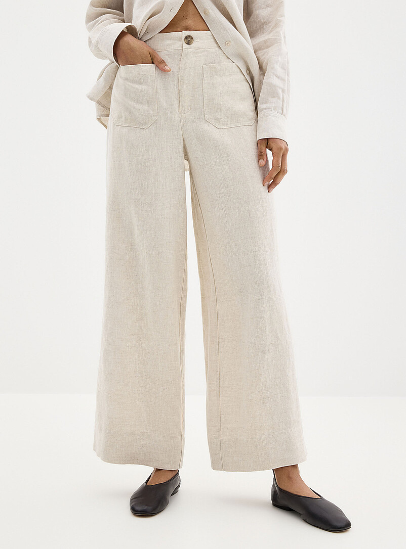 Contemporaine Black Patch pockets pure linen pant <b>Fit: Wide leg, high rise</b> for women