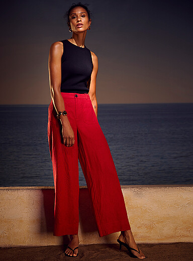Contemporaine Red Patch pockets pure linen pant <b>Fit: Wide leg, high rise</b> for women