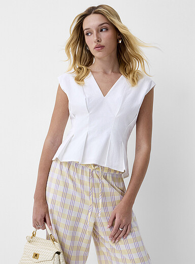 Ic&ocirc;ne: La camisole &agrave; plis V plongeant m&eacute;lange de lin Blanc pour femme
