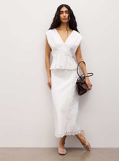 Lace trim linen-blend wraparound skirt