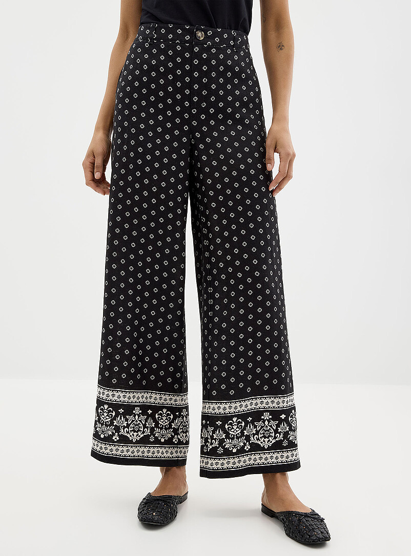 Contemporaine: Le pantalon lin mosa&iuml;que foulard <b>Coupe : jambe large, taille haute</b> Noir &agrave; motifs pour femme