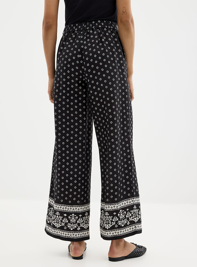 Contemporaine: Le pantalon lin mosa&iuml;que foulard <b>Coupe : jambe large, taille haute</b> Noir &agrave; motifs pour femme
