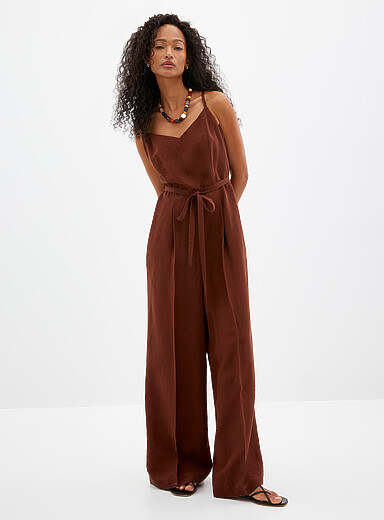 Contemporaine Hazelnut Thin strap linen-lyocell jumpsuit for women