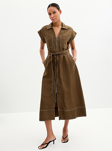 Contrasting stitching zip-up dress