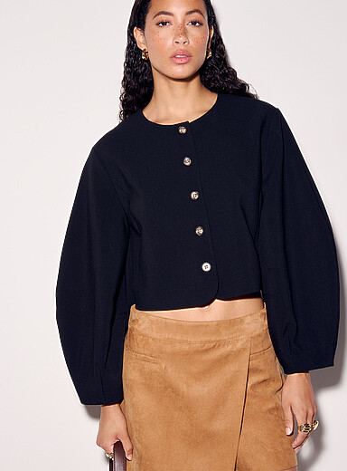 Ic&ocirc;ne Black Boxy-fit balloon-sleeve stretch crepe blazer for women