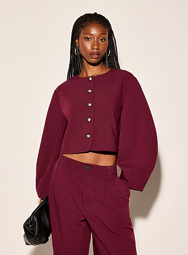 Ic&ocirc;ne Burgundy Balloon-sleeve stretch crepe boxy-fit blazer for women