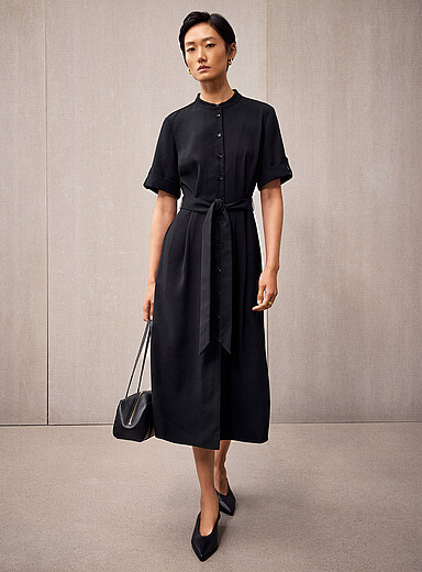 Contemporaine Black Cuffed sleeves belted crepe dress for women