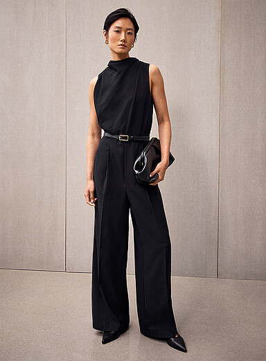 Draped textured crepe jumpsuit with belt