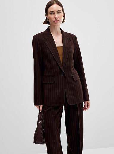 Contemporaine Patterned Brown Pinstriped textured twill blazer for women