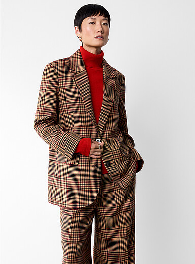 Contemporaine Patterned Brown Caramel and merlot plaid jacket for women