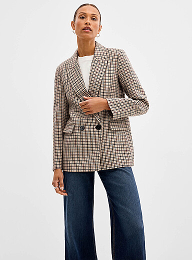 Contemporaine Patterned Ecru Double-breasted wool plaid jacket for women