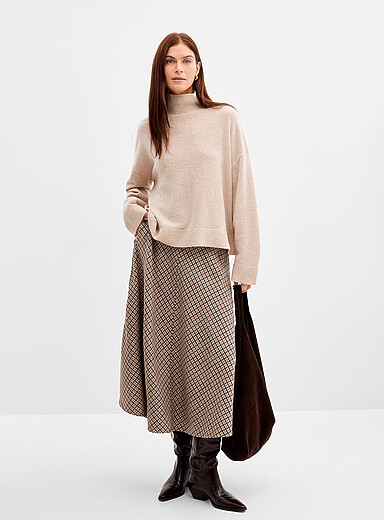 Contemporaine Patterned Ecru Plaid wool midi skirt for women