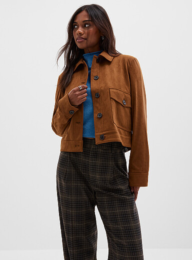 Contemporaine Brown Suede-effect shirt-collar jacket for women
