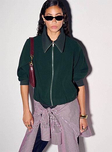 Ic&ocirc;ne Dark Green Stand collar cropped bubble jacket for women