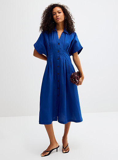 Contemporaine Royal/Sapphire Blue Lyocell-linen darted waist shirtdress for women