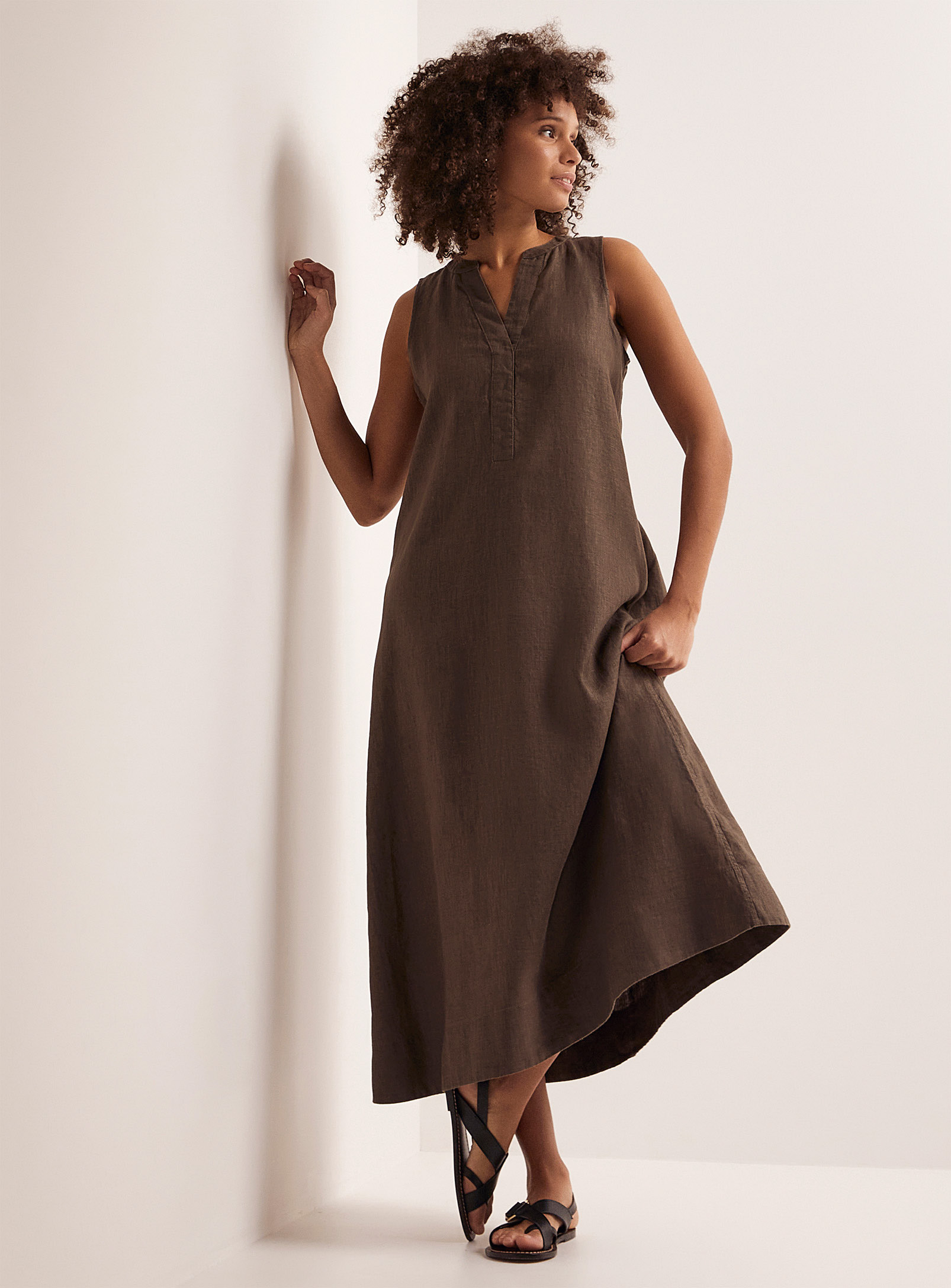 Contemporaine Pure Linen Slit-collar Dress In Khaki