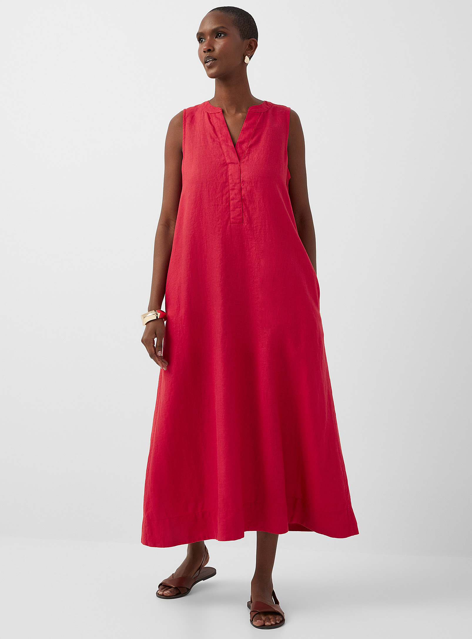 Contemporaine Organic Linen Slit-collar Dress In Red