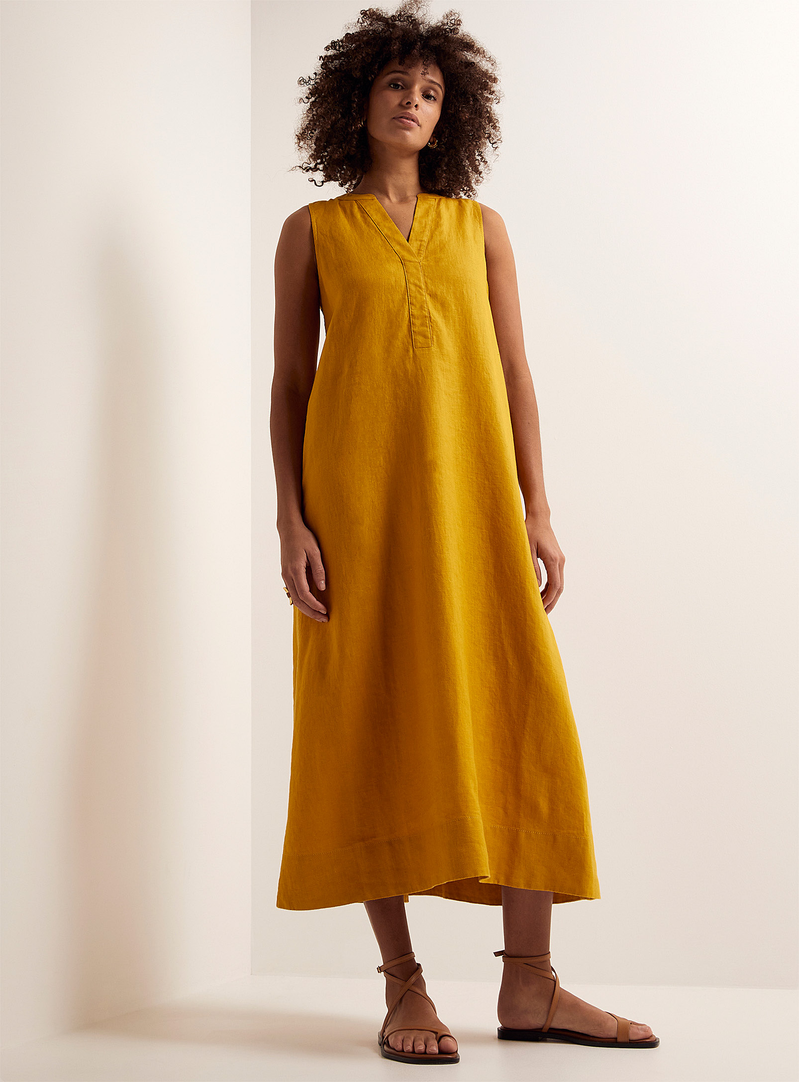 Contemporaine Pure Linen Slit-collar Dress In Golden Yellow