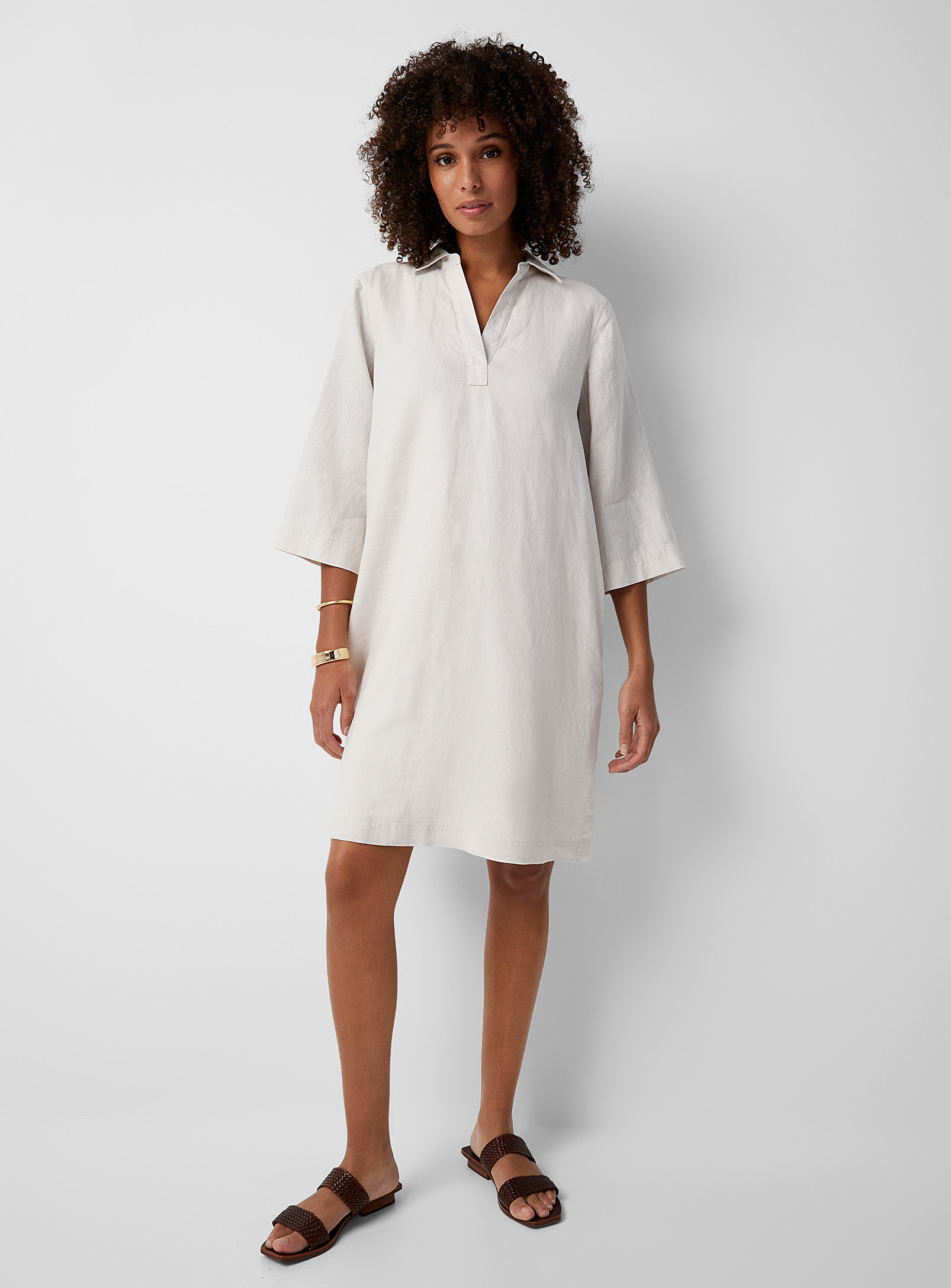 Contemporaine Organic Linen Shirt-collar Dress In Sand