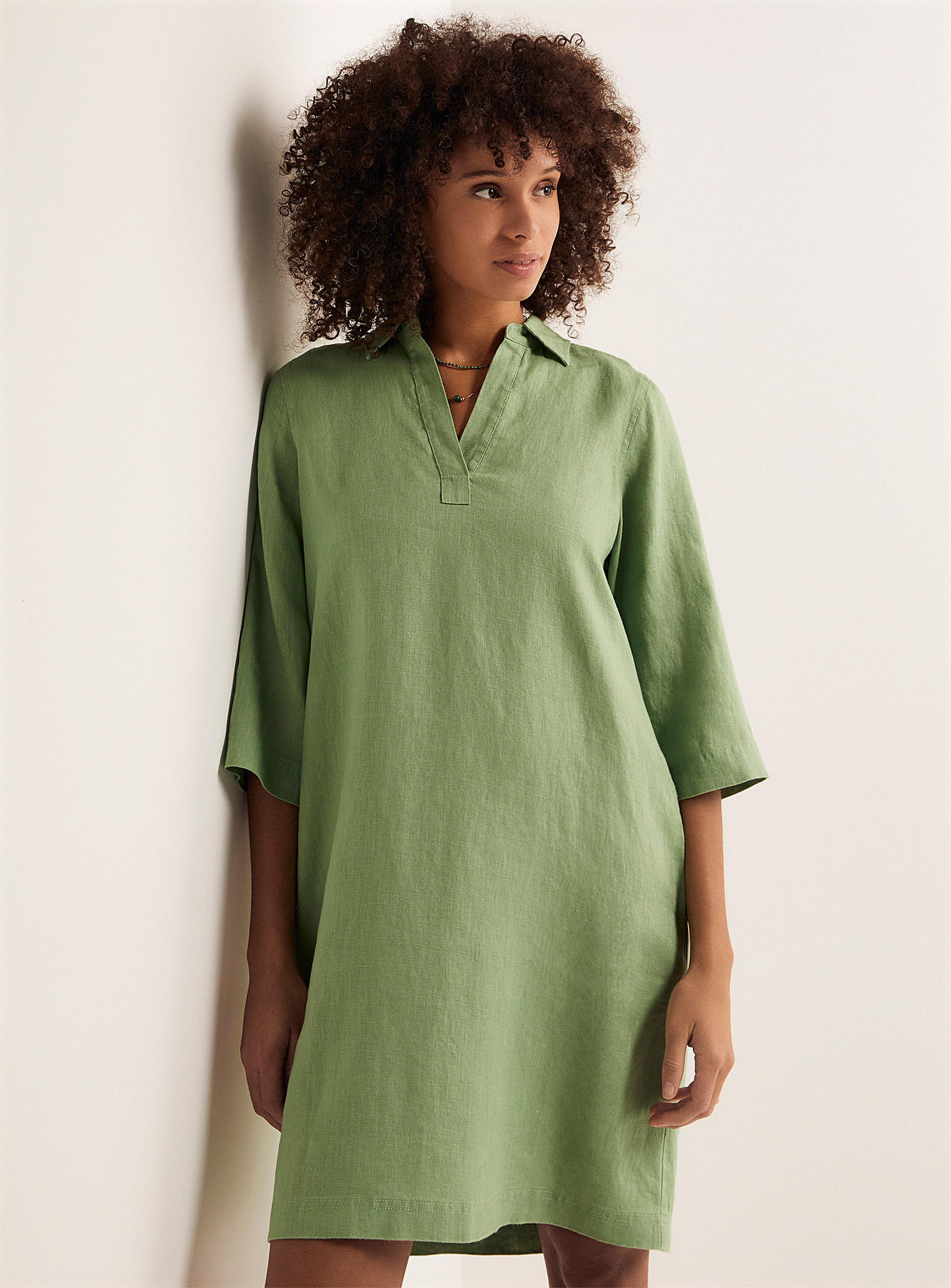 Contemporaine Pure Linen Shirt-collar Dress In Lime Green