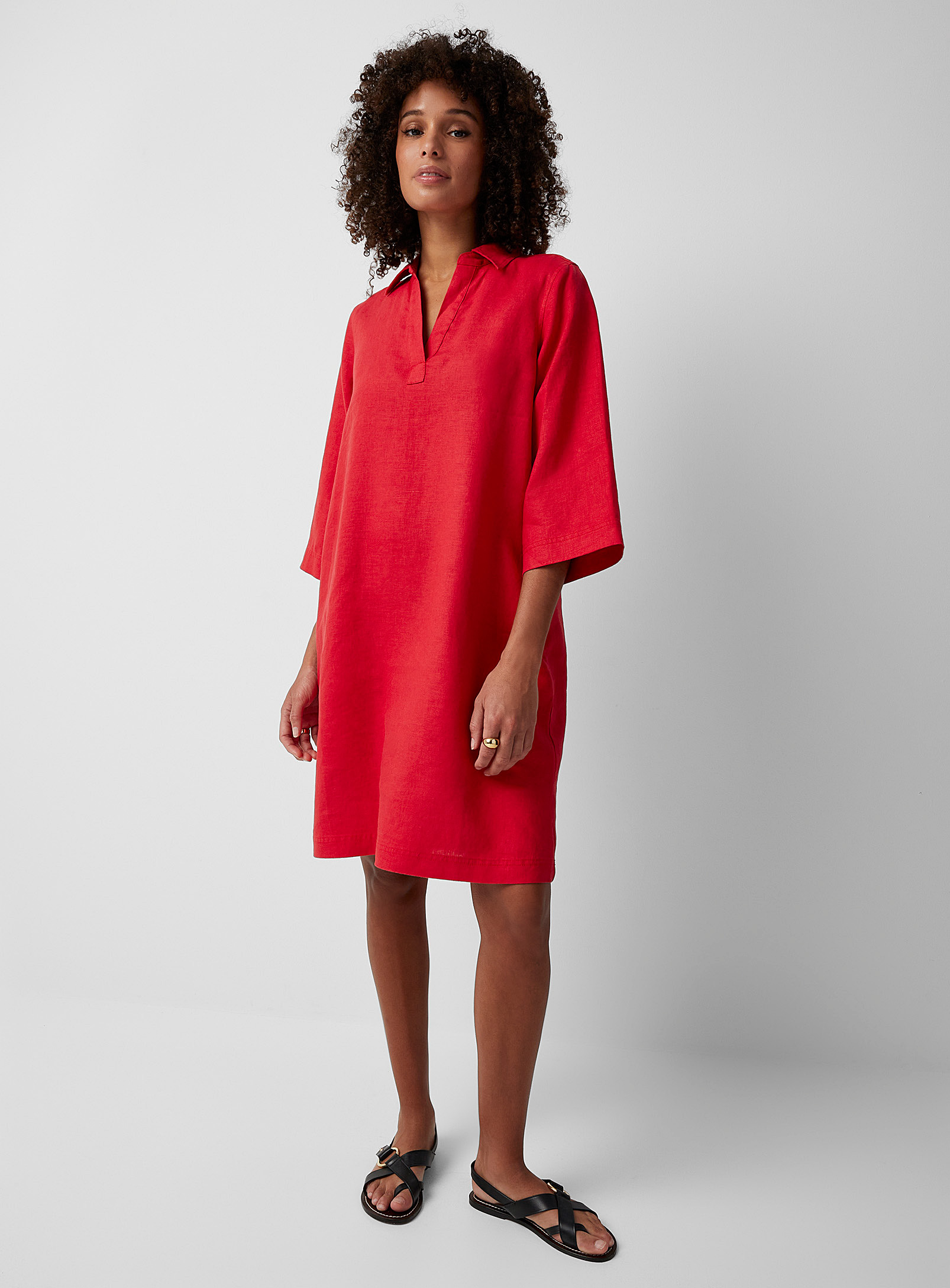 Contemporaine Organic Linen Shirt-collar Dress In Red