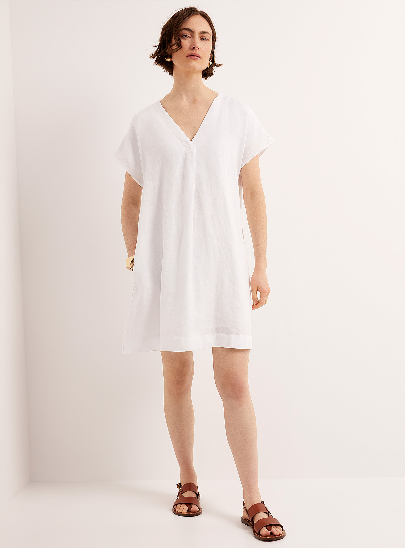 Contemporaine Pleated V-neck Organic Linen Dress In White