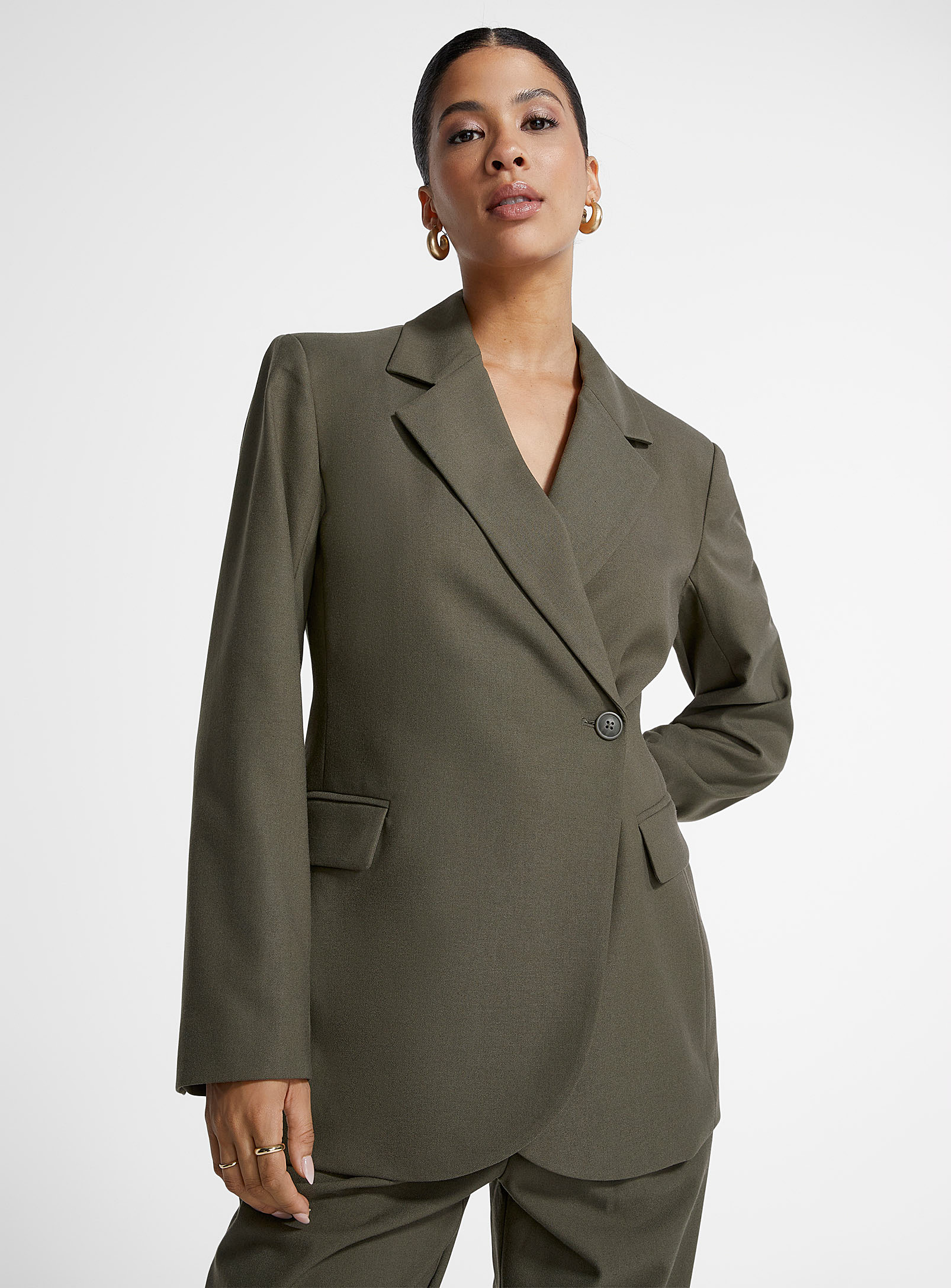 Icone Touch Of Wool Offset Button Blazer In Mossy Green