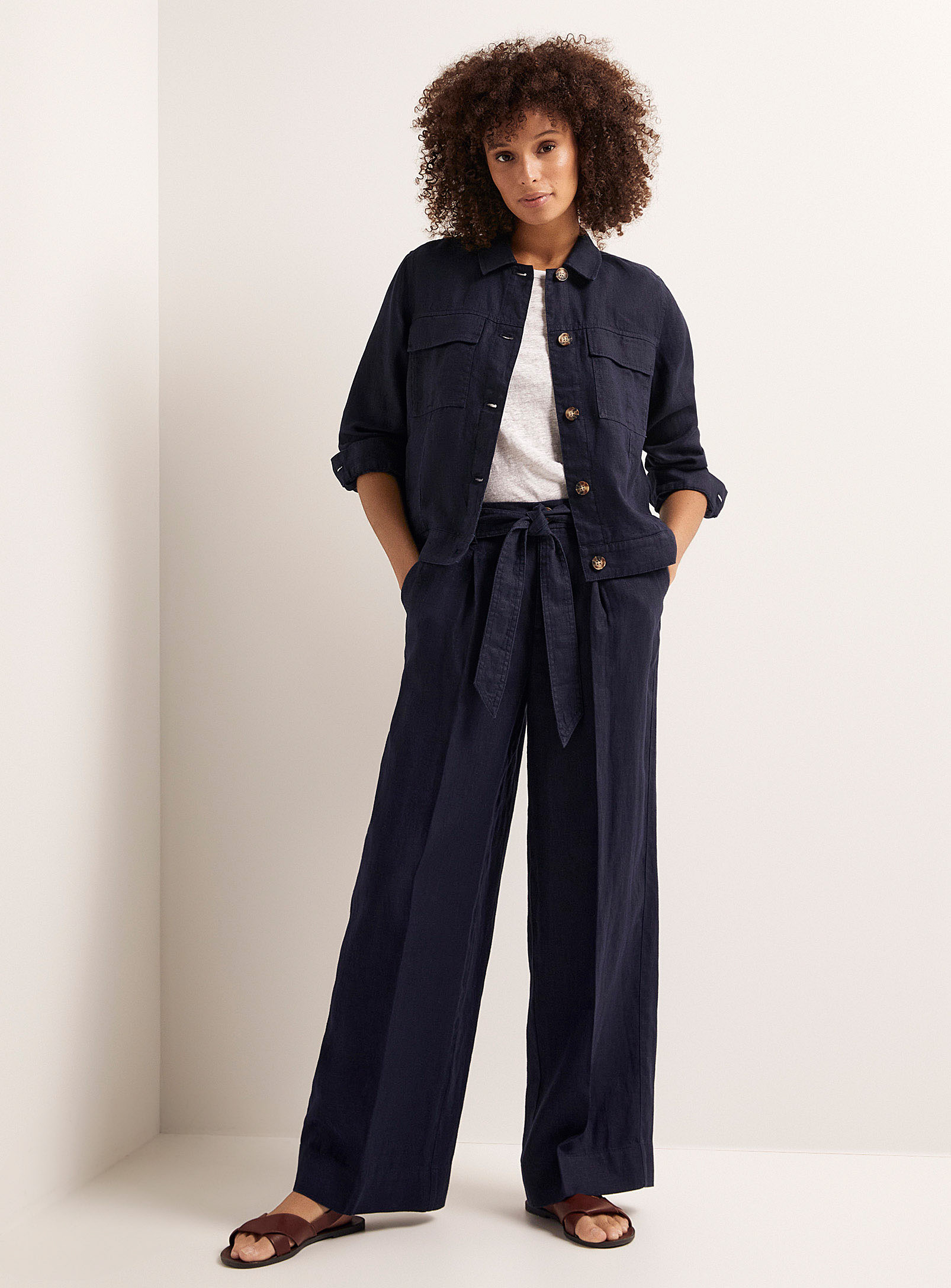 Contemporaine Pure Linen Belted Wide-leg Pant In Marine Blue