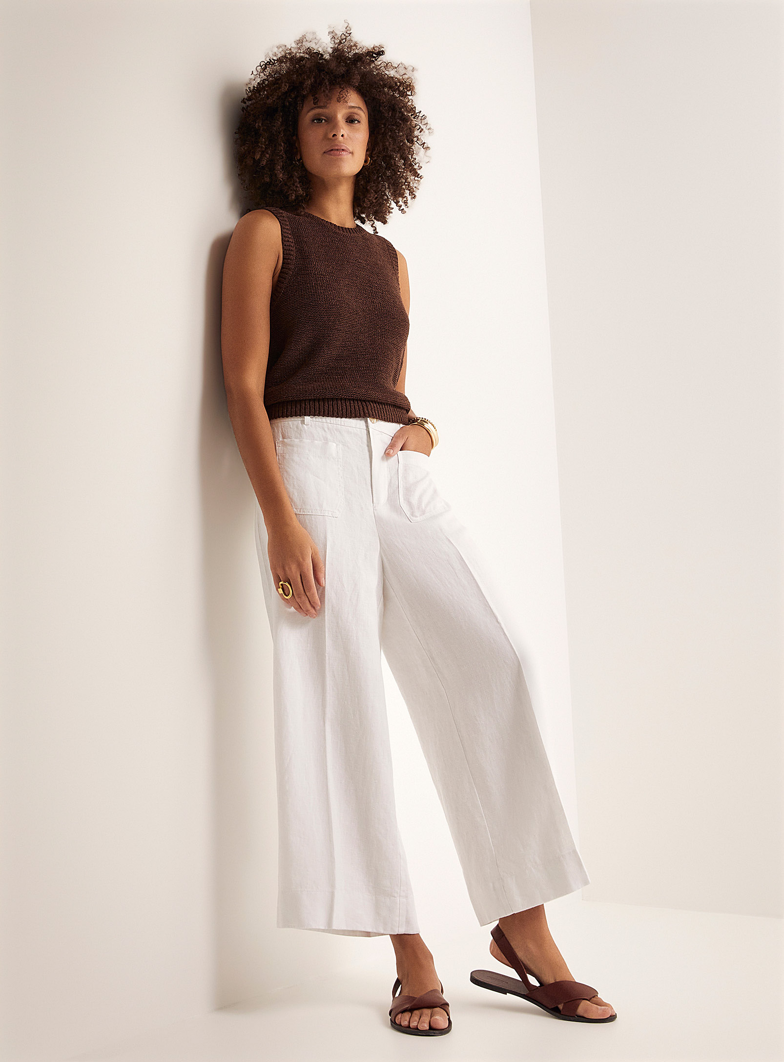 Contemporaine Patch Pockets Pure Linen Cropped Pant In White