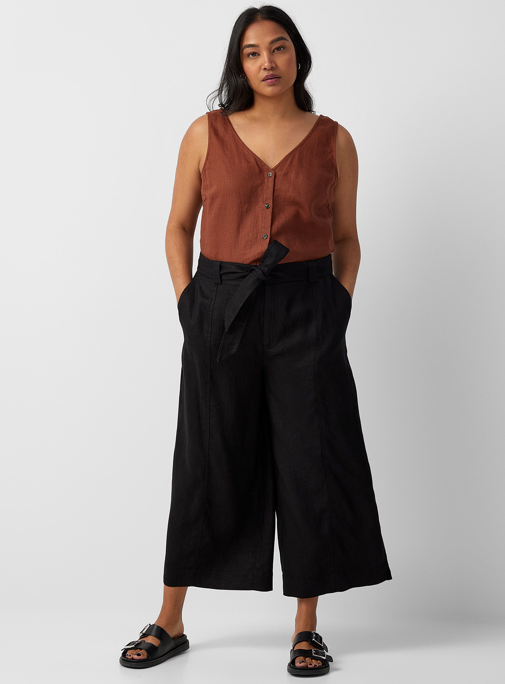 Contemporaine Belted Pure Linen Wide-leg Cropped Pant In Black