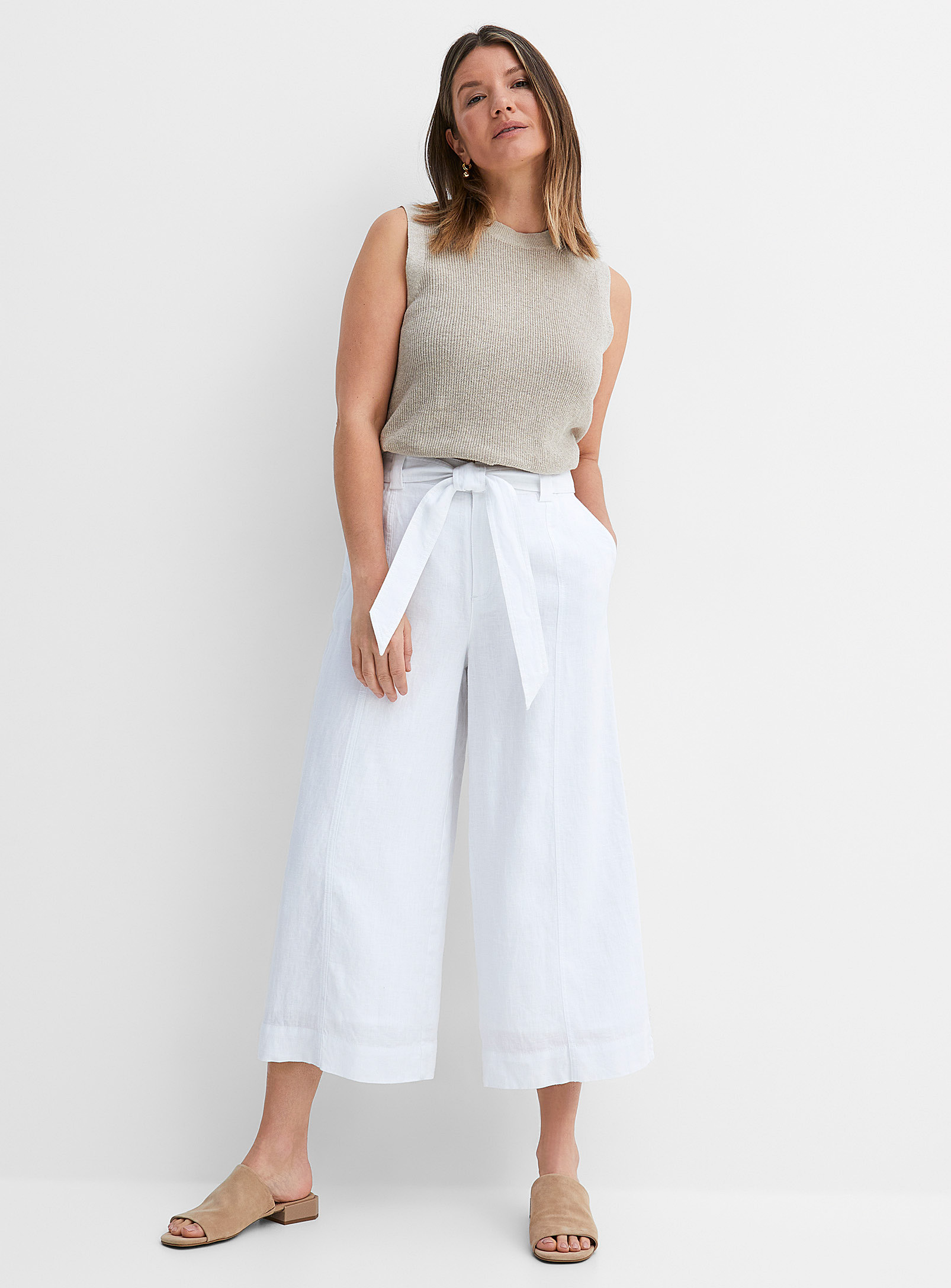 Contemporaine Belted Pure Linen Wide-leg Cropped Pant In White
