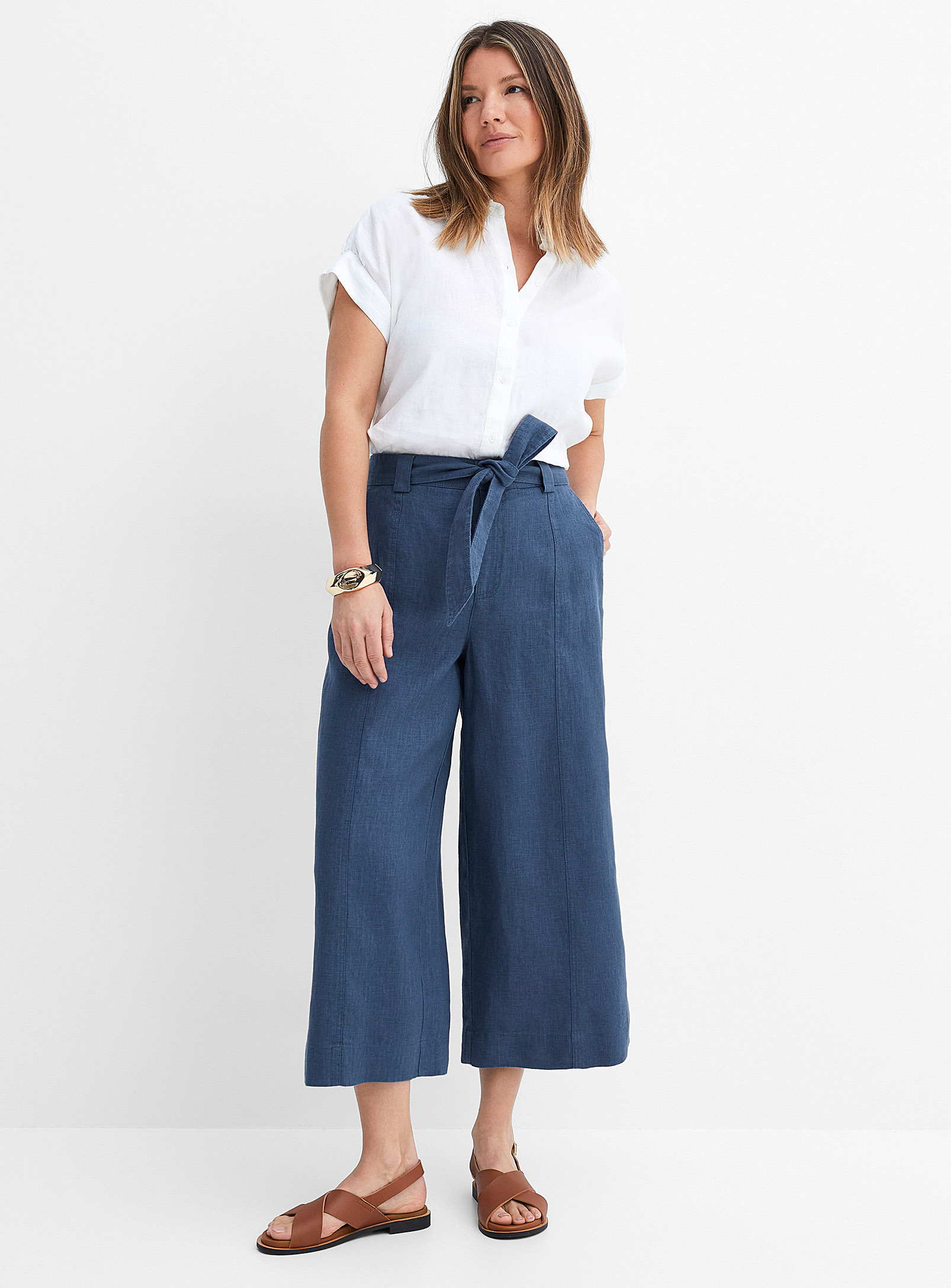 Contemporaine Belted Pure Linen Wide-leg Cropped Pant In Slate Blue