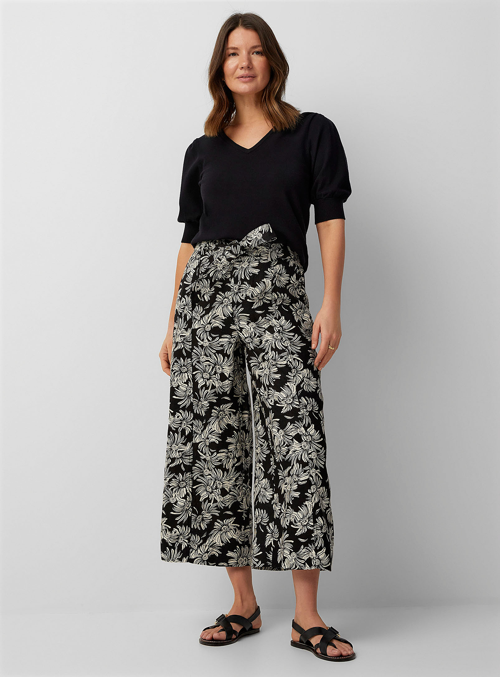 Contemporaine Belted Pure Linen Wide-leg Cropped Pant In Patterned Black