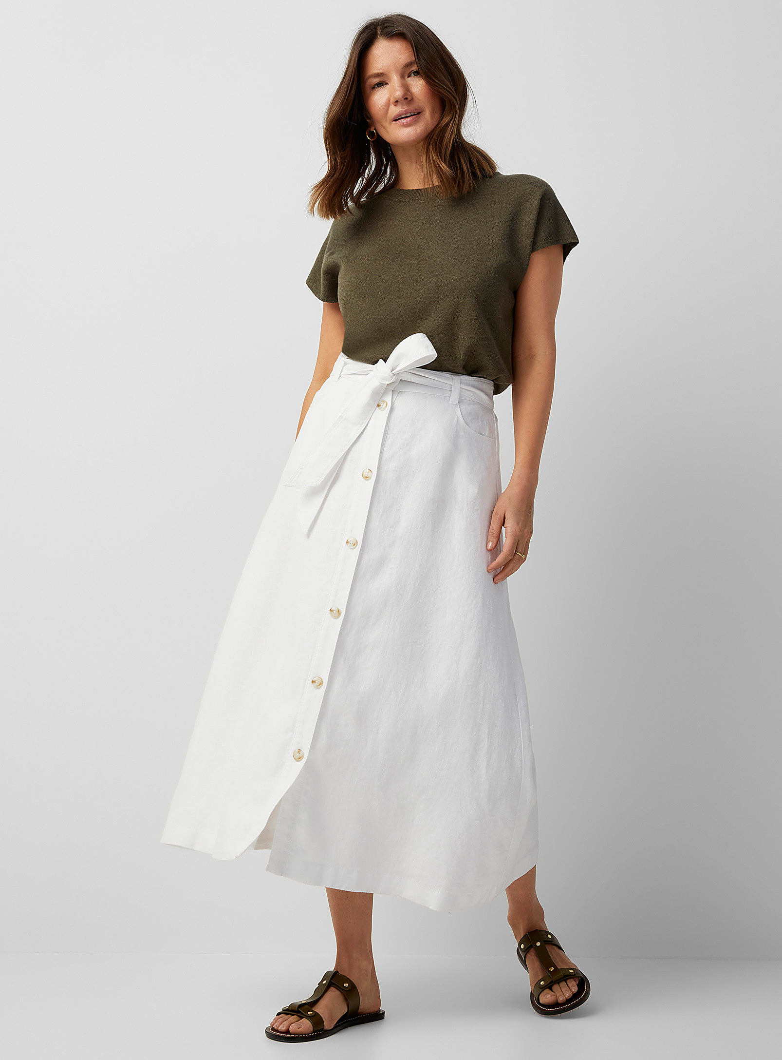 Contemporaine Pure Linen Button-up Skirt In White