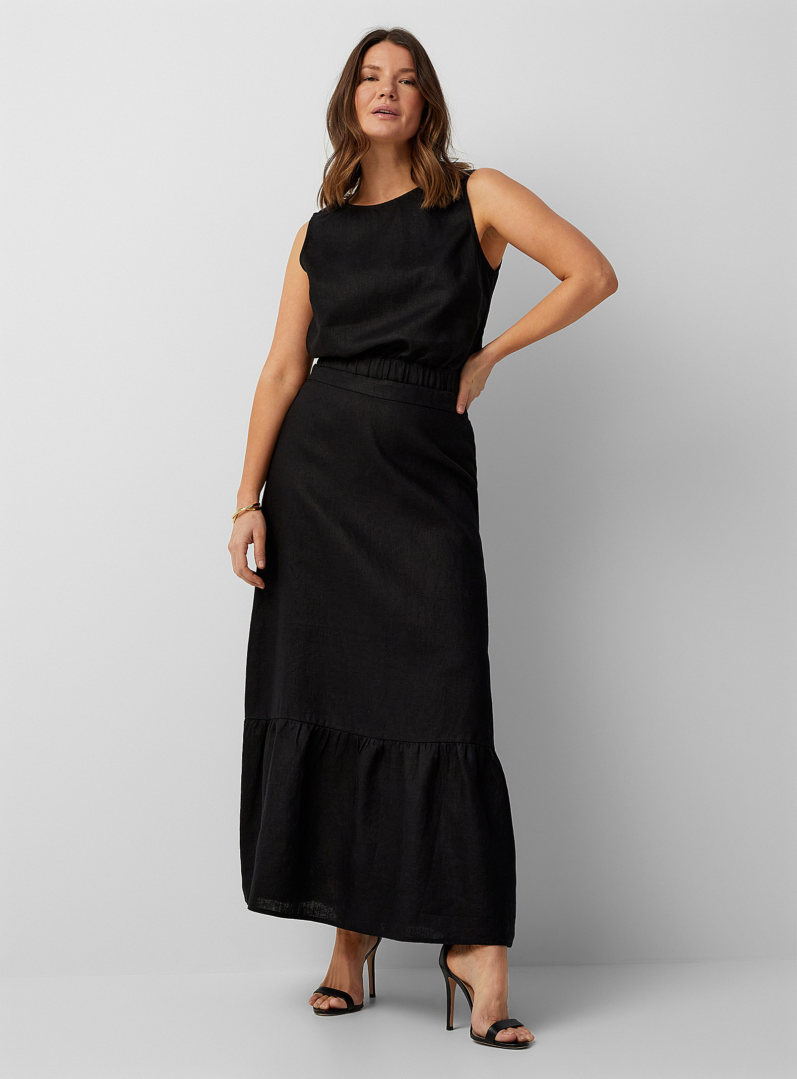 Contemporaine Pure Linen Ruffled Maxi Skirt In Black