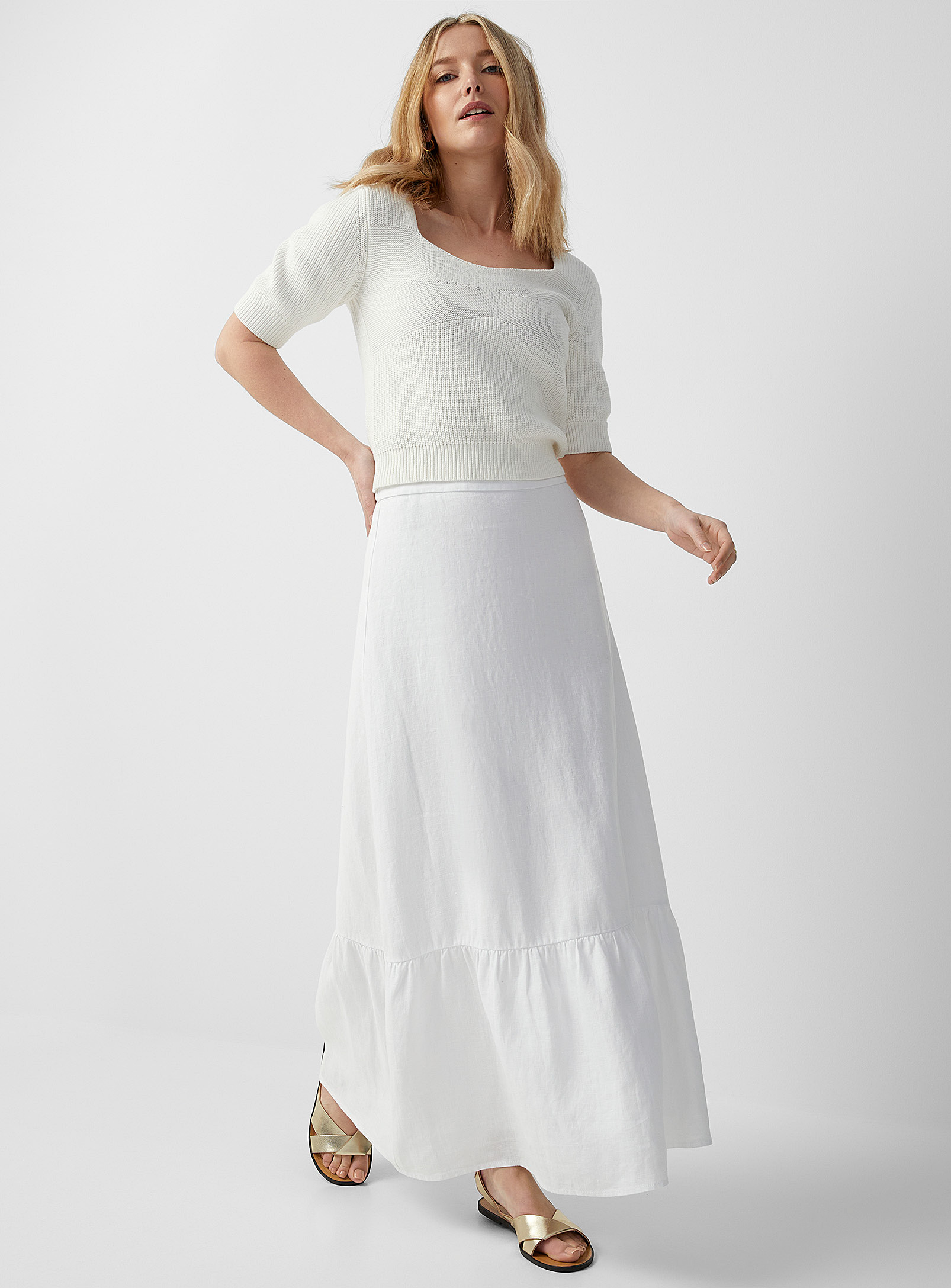 Contemporaine Pure Linen Ruffled Maxi Skirt In White