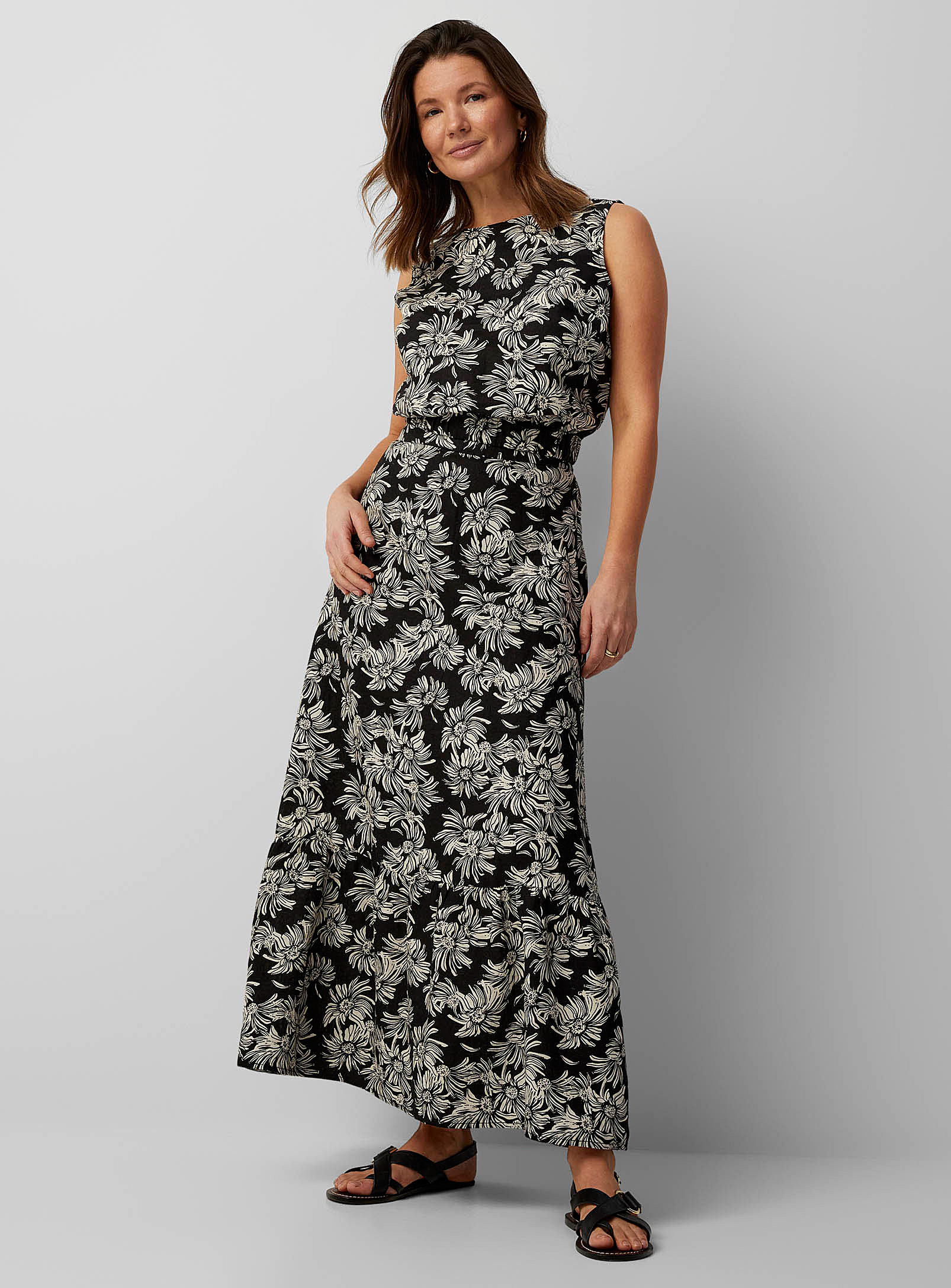 Contemporaine Pure Linen Ruffled Maxi Skirt In Patterned Black
