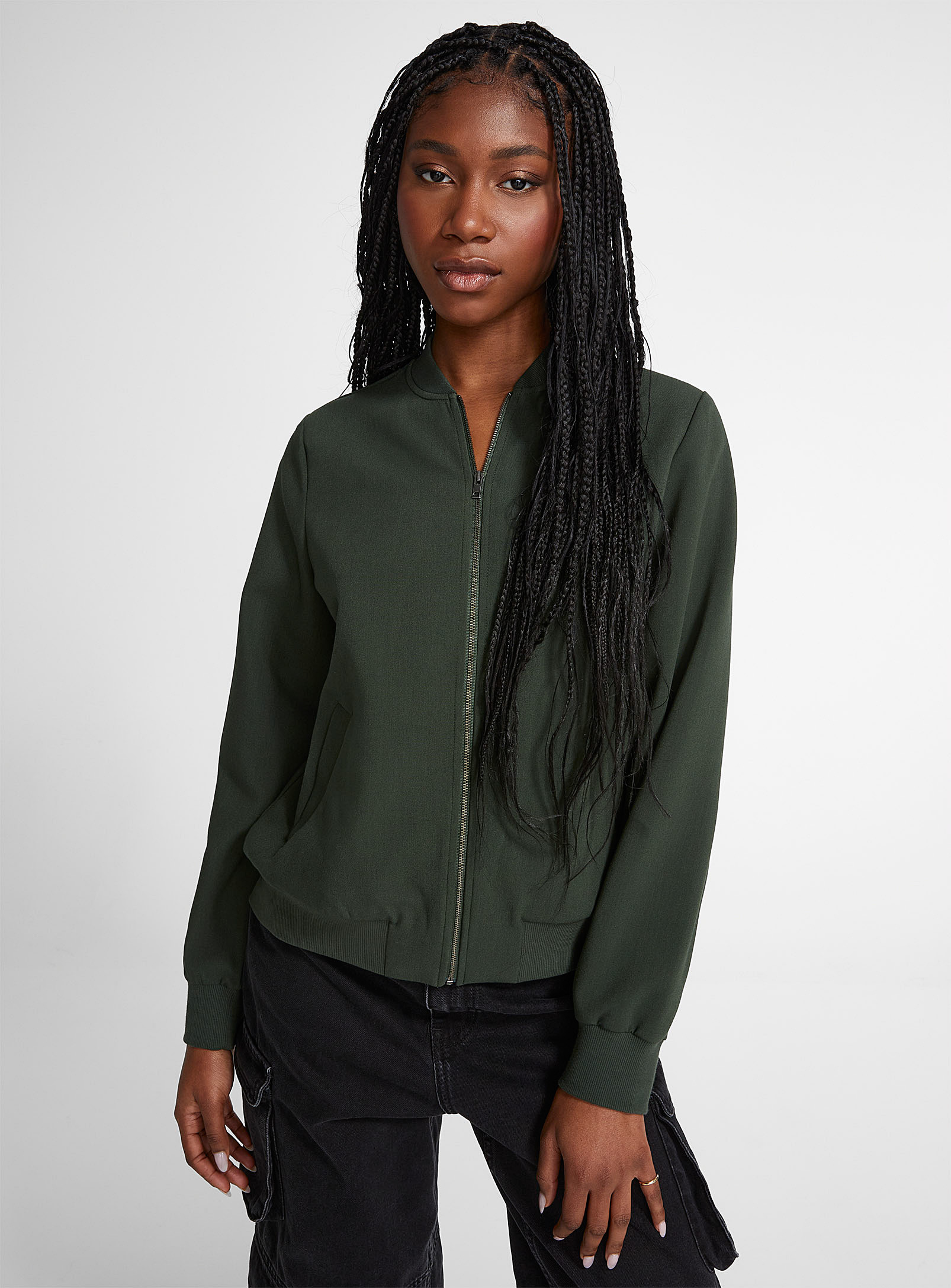 Icone Thick Crepe Minimalist Bomber Jacket In Mossy Green